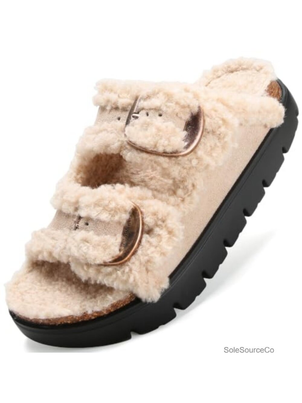 Women's Open-Toe Platform Clogs with Faux Shearling Lining and Adjustable